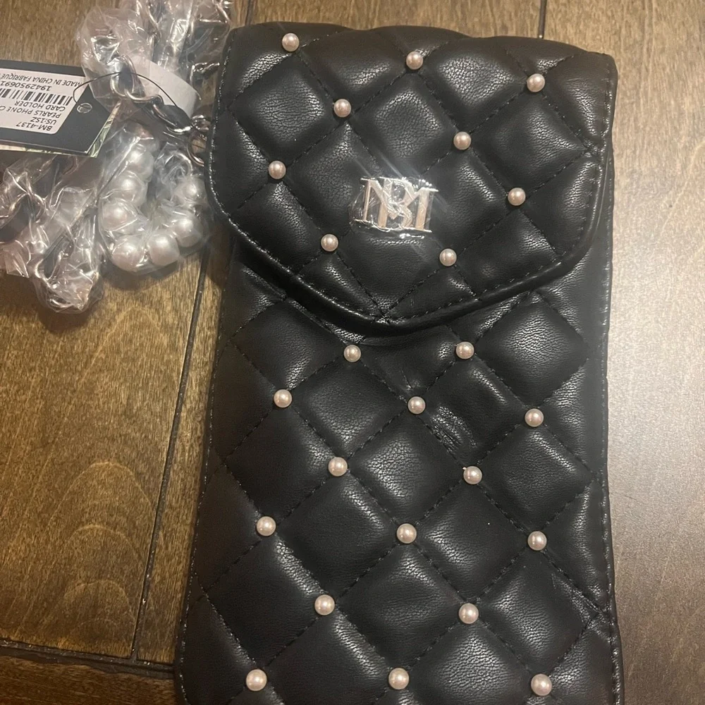Jewel Badgley Mischka Black Quilted Phone Holster with Pearl Details